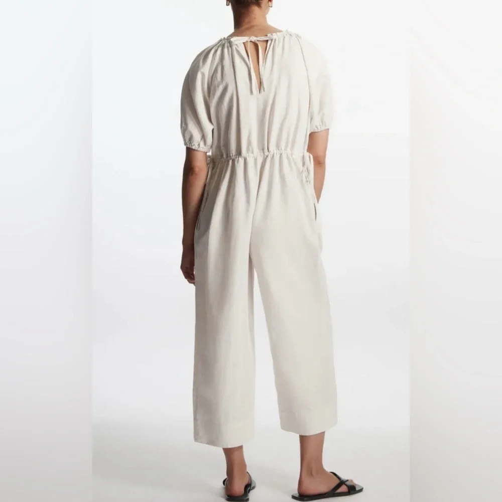 COS Puff-Sleeve Linen Blend Oversized Wide Leg Jumpsuit Sz L/XL Light Beige